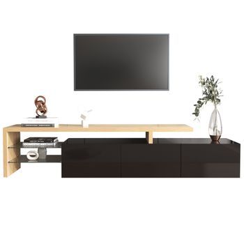 Mueble De Tv Moderno 197.5 Cm Para 70 A 79 Pulgadas Con Luces Led Y 3 Armarios, Mdf Y Cristal, Negro Brillo Y Madera