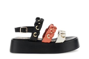 sandalias de 3 tiras en piel napa con ojales y enhebrado white combo