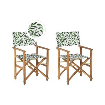 Conjunto De 2 Sillas De Jardín De Madera De Acacia Clara Con Tela Verde Blanco Hojas Plegable Cine