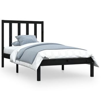 Cama Individual | Cama Para Adultos | Estructura Cama Madera Maciza Pino Individual Negra 75x190 Cm