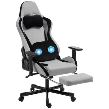 HOMCOM Silla Gaming Ergonómica con Masaje Calefactable Reposapiés y Tapizado de Tela Gris   Aosom España