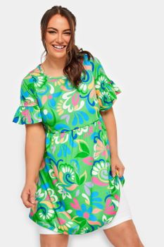 Yours Vestido Corto Verde Estampado Retro, Mujer Curvy Y Tallas Grandes, Yours