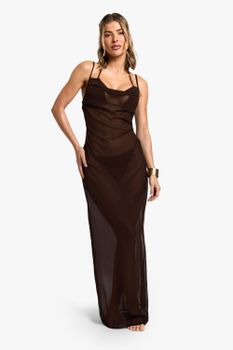 Vestido Maxi Para La Playa Essentials Con Escote Plisado, Brown