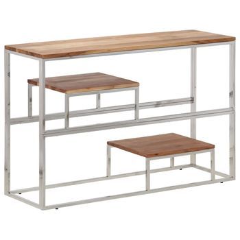 Mesa Consola Acero Inoxidable Plateado Y Madera Maciza Acacia Vidaxl