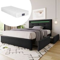 cama 90 x 200 cm - tejido de lino - led - negro  colchon
