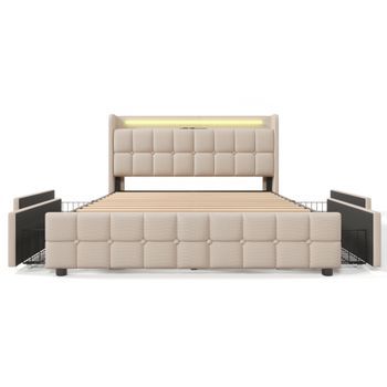 Cama Tapizada 140x200cm En Lino Con Led Y Puertos De Carga Usb 2 Cajones Beige