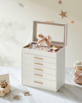 Caja de joyas de 6 niveles con 5 cajones de color blanco y marrón