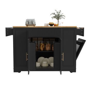 Isla De Cocina Con Ruedas, Compartimento Para Basura Y 3 Cajones, 120x50x92 Cm, Mdf, Negro
