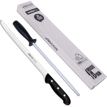 Arcos | Juego Cuchillo Jamonero Arcos Y Chaira |2 Uds | Juego Cuchillos Arcos | Cuchillos Jamonero Arcos 275 Mm + Afilador Arcos Tipo Chaira 230 Mm| Jamonero Profesional| Envase Ecológico | Maitre