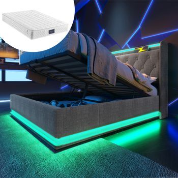 Cama Doble De Adulto Acolchada Con Led 360°, Cabecero, Almacenamiento Hidráulico, Usb-c, Gris Lino 140x200 Cm Con Colchón