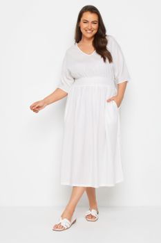 Limited Collection Vestido Blanco Con Lino Cintura Fruncida, Mujer Curvy Y Tallas Grandes, Yours