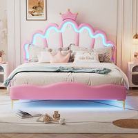 cama doble tapizada en cuero pu con banda led de ambiente regulable estilo princesa corona 140x200 cm rosa