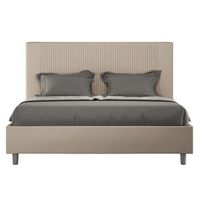 cama moderna con cabecero de rayas verticales acolchado en simil piel bazen-color ribete verde crudo-ropa de cama 160x200 cm