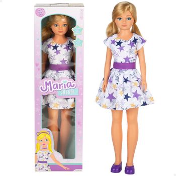 COLORBABY Muñeca María grande 85 cm, pelo rubio y largo, para peinar, piernas y brazos articulados, vestido de estrellas, ropa con velcro, zapatos quita y pon, muñecas grandes articuladas, juguetes
