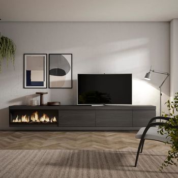 Mueble tv efecto madera negro 317x35x45cm chimenea efecto fuego