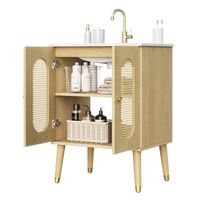 mueble de bano independiente 61 cm puertas de ratan transpirable lavabo ceramico estante fijo mdf grifo no incluido