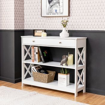 Mesa Auxiliar Con 1 Cajón Y 2 Repisas, Diseño En X Para Entrada Y Pasillo - Blanco, 100x30x80 Cm Cfw87634