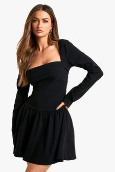 Vestido Mini Skater De Manga Larga, Negro