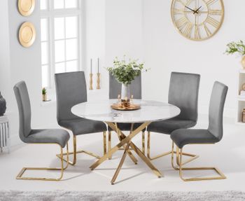 Nixon 120cm Round White Marble Table with Malaga Velvet Chairs - Grey, 4 Chairs