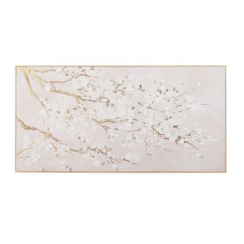Cuadro impreso y pintado en tonos beige y dorado, 132 x 67 cm.