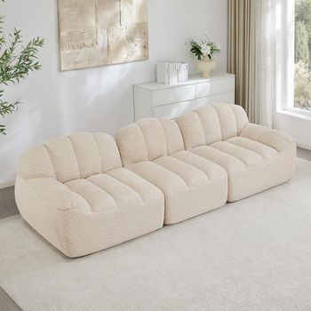 Sofá Modular 3 Plazas Diseño Boneless, Espuma Alta Densidad 32d, Asiento Profundo Tejido Suave Beige Blanco