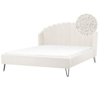 Cama Con Somier De Bouclé Patas De Metal 180 X 200 Cm Cabecero Blanco Crema Ambillou