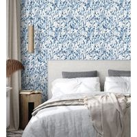 papel pintado vinilico lavable de hojas en tonos azul acuarela de diseno moderno estilo bo - amy leaf 681437 de gaulan - rollo de 10 m x 052 m