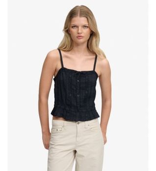 Superdry para mujer. W6012218A Top camisola encaje marino (XS), Casual, Algodón, Sin mangas / Tirantes