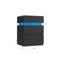mesita de noche con tira de luz led multicolor variable negro con veta de madera  1