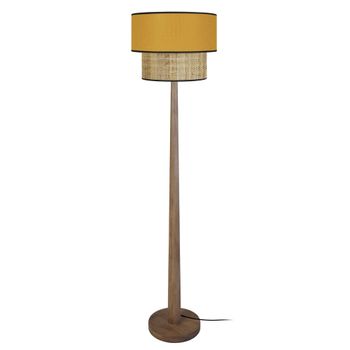 Lámpara de pie columna madera oscuro pantalla amarillo mostaza