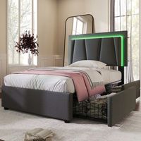 cama simple de 90x200 cm color gris sin colchon incluido con iluminacion led a control remoto 2 cajones cabecera ajustable base de madera