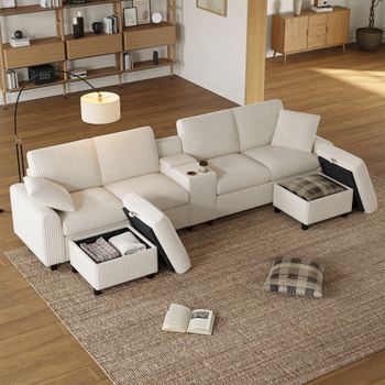 Sofá Esquinero De 4 Plazas Con 2 Reposapiés Con Almacenaje, Portavasos Y Puerto Usb - 315 X 135 X 81 Cm - Pana - Beige