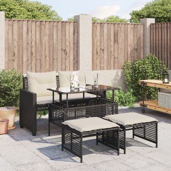 Conjunto De Sofás Jardín 4 Uds | Mueble Jardin Mesa Y Sillas Con Cojines Ratán Pe Vidrio Negro Cfw442524