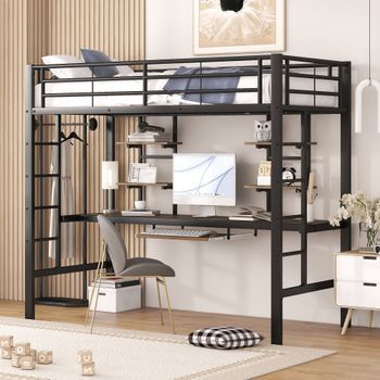Cama Alta 90x200 Cm Con Escritorio Y 2 Estantes - Metal + Mdf - Para Niños - Negro (colchón No Incluido)