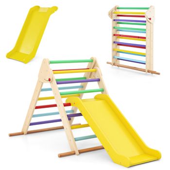 Costway Set de Escalador Triangular Plegable con Resbaladilla y Barras de Madera de Haya Gimnasio Interior para Niños Juguete Montessori