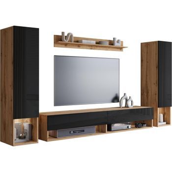 Conjunto De Muebles De Salón Amadeo Ii, Juego De Muebles De Salón, Muebles De Tv, Con Iluminación Led, Color Wotan/negro Brillo