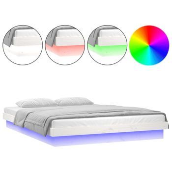 Cama Matrimonial | Cama Para Adultos | Estructura De Cama Con Led Madera Maciza Blanco 135x190 Cm
