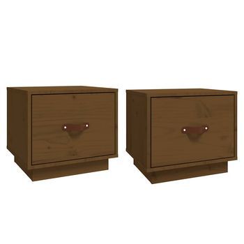 Pack 2 Uds Mesitas De Noche | Mesa Auxiliar | Mesilla Madera De Pino Marrón Miel 40x34x35 Cm