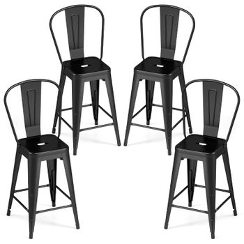 Costway Juego de 4 Taburetes de Bar Negro con Respaldo Estructura Metálica Resistentes Apilables para Cocina y Restaurante 44,5 x 45,5 x 103 cm Negro