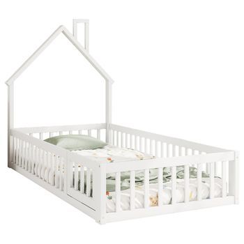 Cama Casita Infantil De 90 X 200 Cm De Pino Y Mdf Con Chimenea Y Barandillas, Blanca