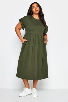 Yours Vestido Algodón Caqui Mangas Con Volantes, Mujer Curvy Y Tallas Grandes, Yours