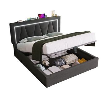 Cama de matrimonio de lino 160x200cm con almacenaje,luz led,gris