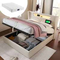 cama tapizada doble con iluminacion led cargador usb tipo c almacenamiento en lino 140x200 con somier de lamas y colchon