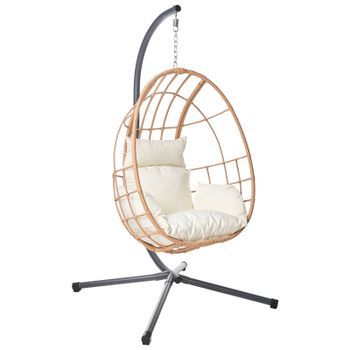Sillón Colgante Boho De Ratán Sintético Cadena Y Soporte De Metal Cojín Mullido Silla Natural Malcesine