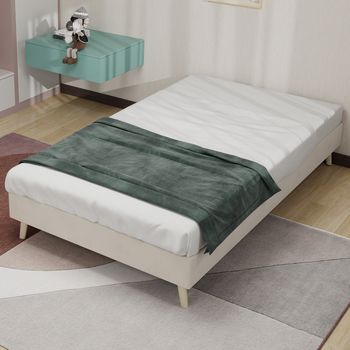 Cama En Terciopelo Beige 90x200 Cm, Moderna Minimalista, Tapizada, Base Baja