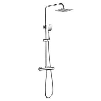 Kibath Columna De Ducha Extralarga Termostático Mol | Altura Regulable 100-150 Cm | Latón Macizo Cromo Brillo | Diseño Cuadrado Con Rociador Efecto Lluvia Y Alcachofa | Ideal Techos Altos