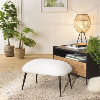 Taburete cosy de tela bouclette blanca con patas de metal negro