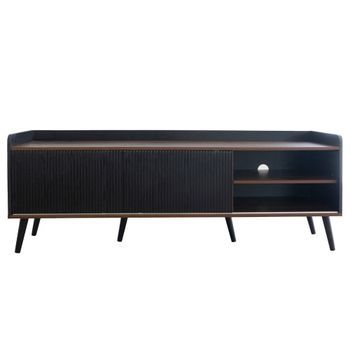 Mueble De Tv De 160 Cm Negro Y Madera Con Dos Puertas Correderas Y Dos Cajones