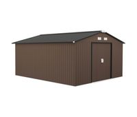 outsunny caseta de jardin exterior 124 m 340x386x200 cm cobertizo de jardin exterior metalico con puertas dobles con cerradura kit de fundacion y ventilacion para almacenaje bicicletas marron