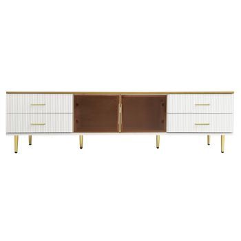 Mueble De Tv Efecto Mármol 170 Cm Con Luces Led, Cajones Texturizados Y Puertas De Cristal, Blanco Y Dorado